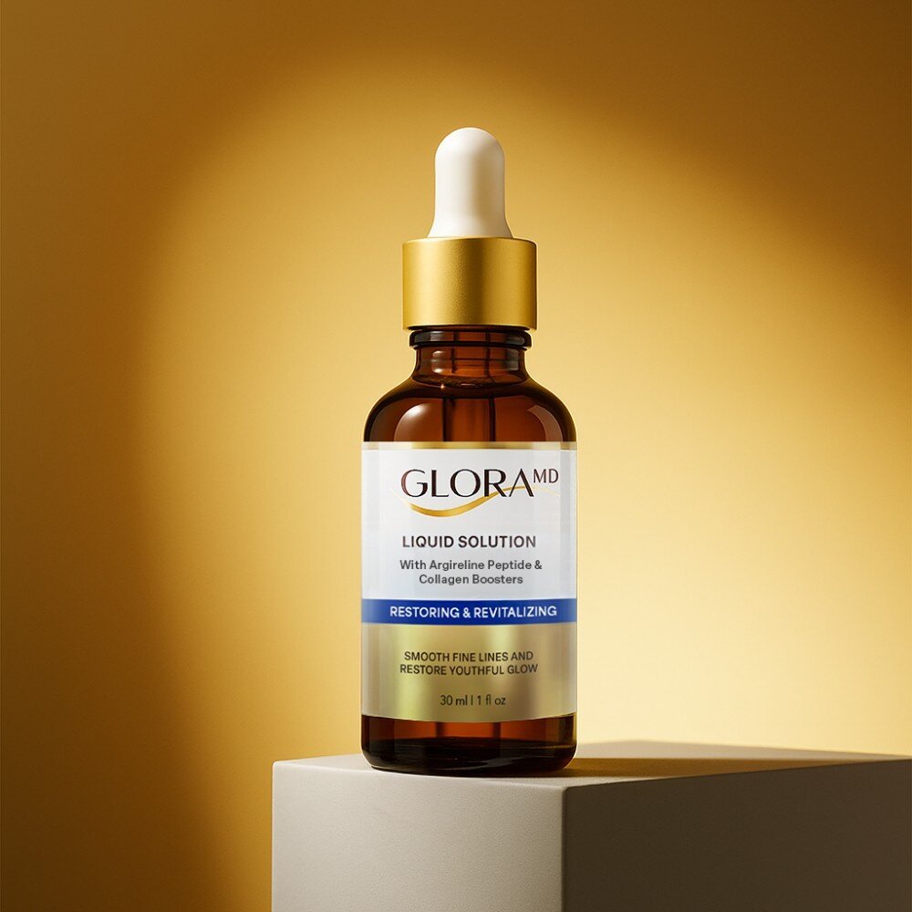 GloraMD liquid solution bottle against a warm gold background